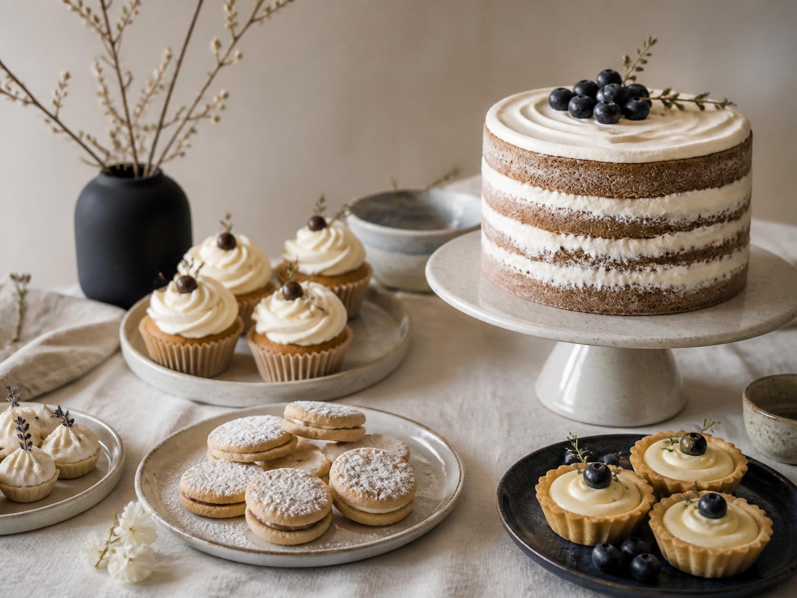 Selección de postres artesanales de Sierra Bakery sobre mantel de lino crema