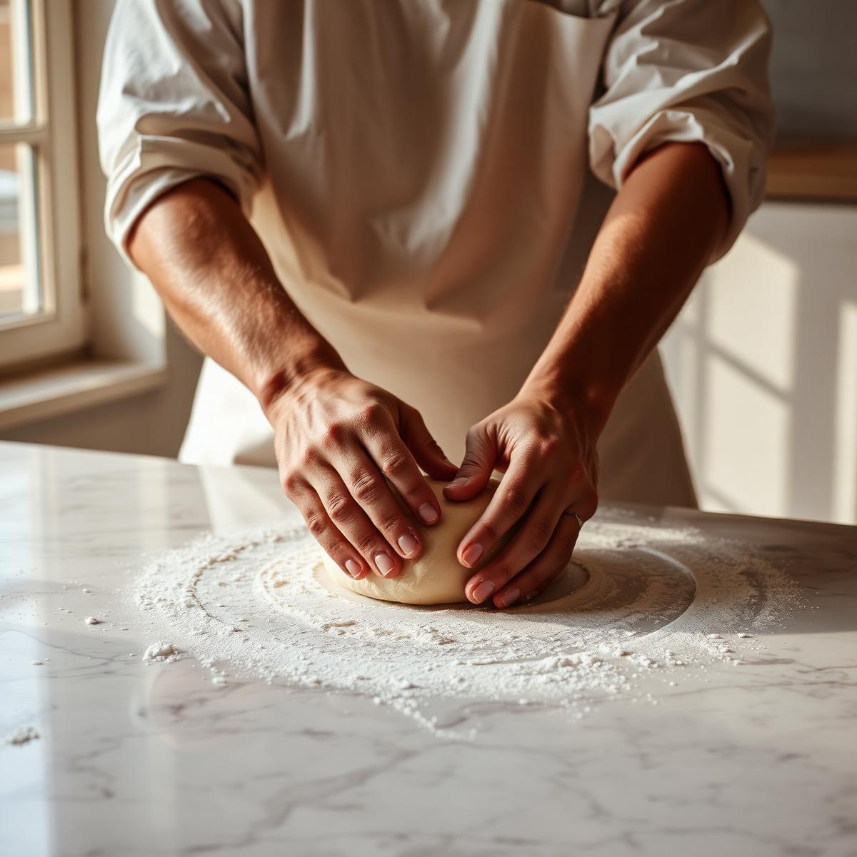 Manos amasando en mármol dentro del obrador de Sierra Bakery